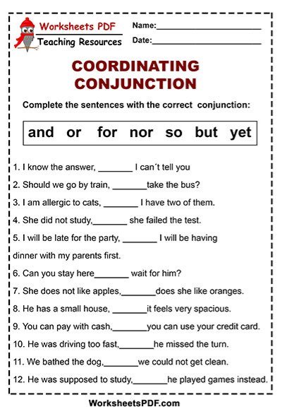 Conjunction : Examples &amp; Exercises &amp; Activities - Worksheets PDF